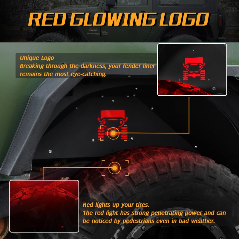 JROAD بطانات الفندر الداخلية الخلفية JROAD متوافقة مع جيب رانجلر JK JKU من الألمنيوم، مع 2 مصباح LED لملحقات رانجلر 2007-2018 JK JKU سبورت صحراوي روبكون 2/4 أبواب - Image 3